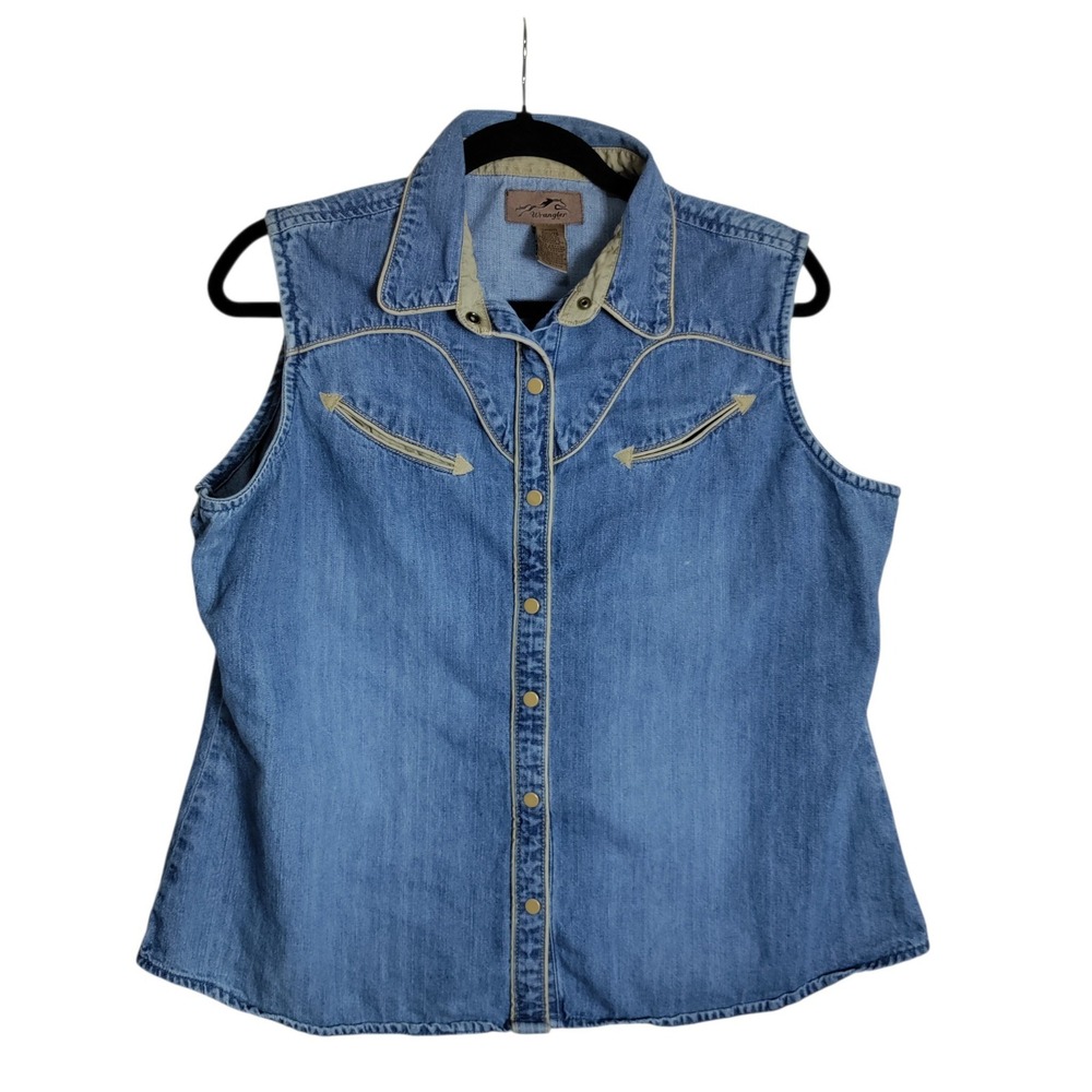 Wrangler Womens Western Denim Vest Blue Snap Front Piping XL